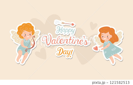 festive banner with illustrations of cherub angels celebrating Valentine's Day with hearts	 121582513