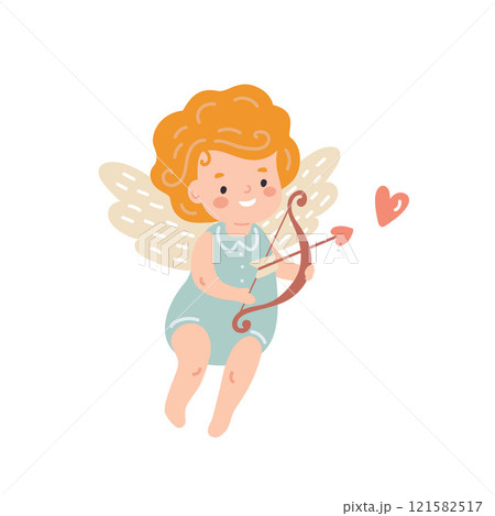 Cute little boy angel cupid with bow and arrow, flat style vector illustration	 121582517