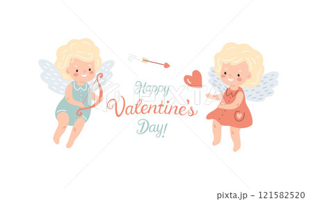 Valentine's Day holiday lettering with cartoon cherub angels, flat style illustration Valentine's Day holiday lettering with cartoon cherub angels, flat style illustration 121582520