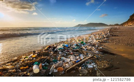 プラスチックごみが漂着した海岸線イメージ5 121582786