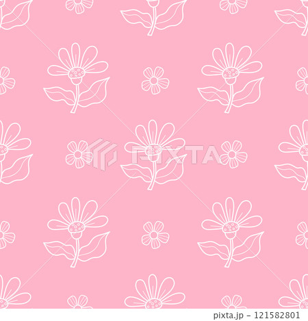 Floral seamless pattern. Openwork white flowers on pink background. Vector illustration. Minimalistic botanical template. Hand drawing Floral seamless pattern. Openwork white flowers on pink background. Vector illustration. Minimalistic botanical template. Hand drawing 121582801