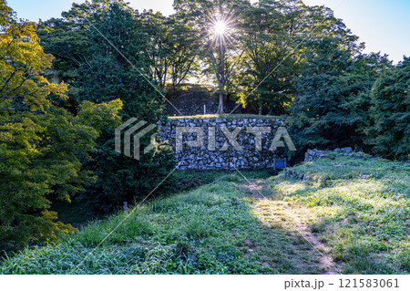 【日本100名城】秋の朝の津和野城　朝日と本丸石垣　島根県鹿足郡津和野町 121583061