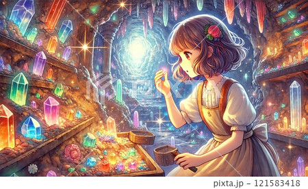 輝く水晶洞窟で宝石を探す少女の幻想的なイラストのイラスト素材