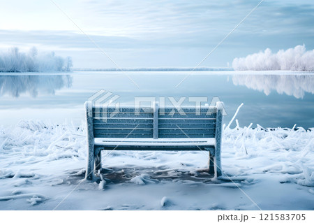 bench on the lake in winter. camping 121583705
