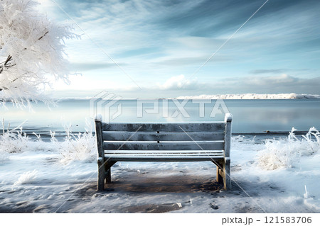 bench on the lake in winter. camping 121583706