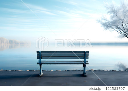 bench on the shore of the lake. camping 121583707