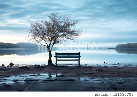 bench on the shore of the lake. camping bench on the shore of the lake. camping 121583708