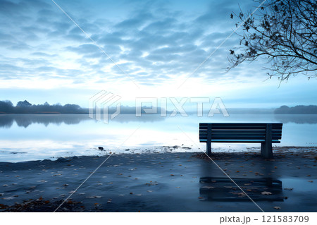 bench on the shore of the lake. camping bench on the shore of the lake. camping 121583709