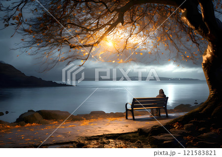 bench for rest on the shore of the lake near a tree against the backdrop of sunset 121583821