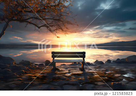bench for rest on the shore of the lake near a tree against the backdrop of sunset 121583823