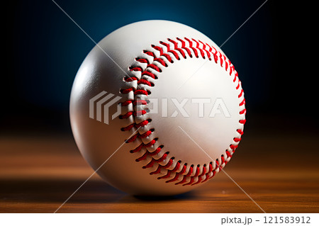Baseball ball on a wooden table with dark background. Close up. Baseball ball on a wooden table with dark background. Close up. 121583912