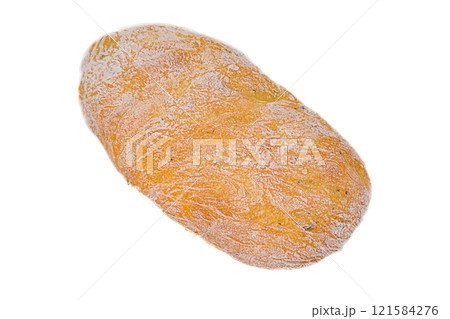 Rounded whole loaf of white bread isolated on white, transparent background rough crust sprinkled with white flour, interspersed with dark pieces of seasonings and aromatic herbs. First-person view Rounded whole loaf of white bread isolated on white, transparent background rough crust sprinkled with white flour, interspersed with dark pieces of seasonings and aromatic herbs. First-person view 121584276