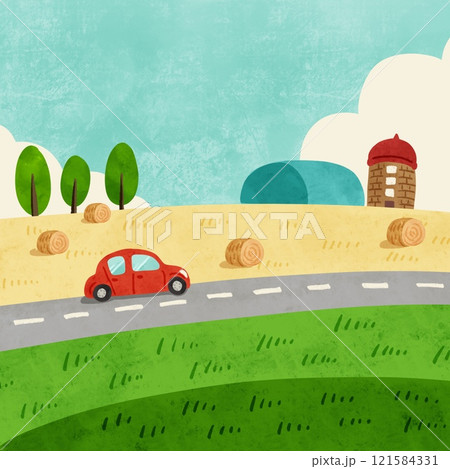 干草ロールとサイロの風景　ドライブする赤い車　水彩風手描きイラスト 121584331