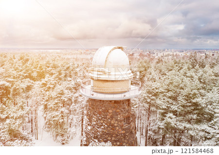 Old observatory tower in the Glen park. Tallinn, Estonia, against dramatic sky 121584468