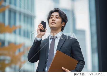 スマホを手に持ち、ビジネス街を歩くスーツ姿の男性ビジネスマン スマホを手に持ち、ビジネス街を歩くスーツ姿の男性ビジネスマン 121584556