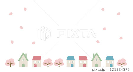 花びら舞う桜並木と家の背景イラスト 121584573
