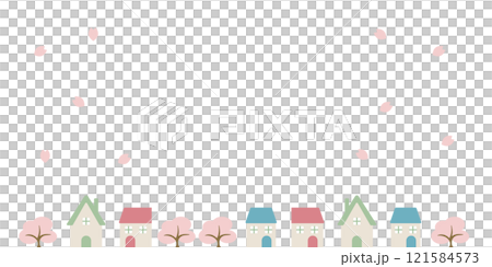 花びら舞う桜並木と家の背景イラスト 121584573