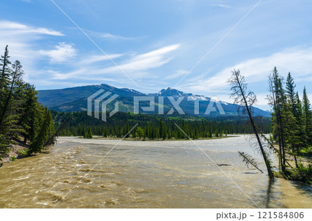 Jasper National Park summer landscape. Miette River before its confluence with the Athabasca River. Alberta, Canada. Canadian Rockies. Jasper National Park summer landscape. Miette River before its confluence with the Athabasca River. Alberta, Canada. Canadian Rockies. 121584806