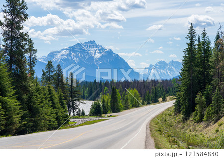 Icefields Parkway (Alberta Highway 93) in Jasper National Park, Alberta, Canada. Canadian Rockies summer landscape. Mount Kerkeslin in the background. Icefields Parkway (Alberta Highway 93) in Jasper National Park, Alberta, Canada. Canadian Rockies summer landscape. Mount Kerkeslin in the background. 121584830