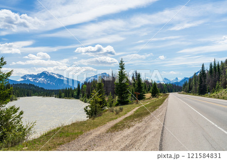 Icefields Parkway (Alberta Highway 93) in Jasper National Park, Alberta, Canada. Canadian Rockies summer landscape. Mount Kerkeslin and Mount Hardisty in the background. 121584831