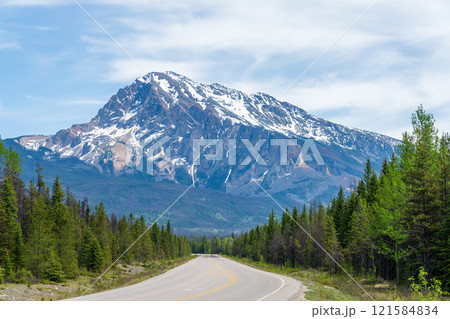 Icefields Parkway (Alberta Highway 93) in Jasper National Park, Alberta, Canada. Canadian Rockies summer landscape. Mount Hardisty in the background. Icefields Parkway (Alberta Highway 93) in Jasper National Park, Alberta, Canada. Canadian Rockies summer landscape. Mount Hardisty in the background. 121584834