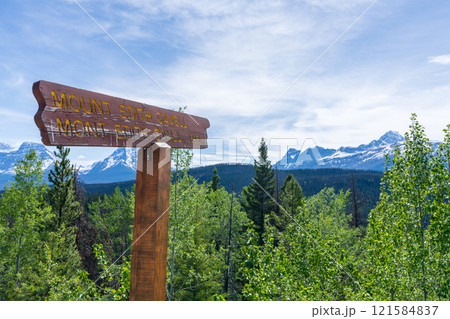 Sign of Mount Edith Cavell at Athabasca Pass Lookout in Jasper National Park, Alberta, Canada. Canadian Rockies summer landscape. Sign of Mount Edith Cavell at Athabasca Pass Lookout in Jasper National Park, Alberta, Canada. Canadian Rockies summer landscape. 121584837