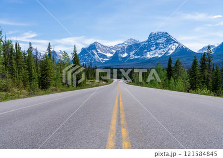 Icefields Parkway (Alberta Highway 93) in Jasper National Park, Alberta, Canada. Canadian Rockies summer landscape. Mount Fryatt and Geraldine Peak in the background. 121584845