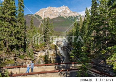 Athabasca Falls in Jasper National Park, Alberta, Canada. Canadian Rockies summer landscape. Mount Kerkeslin in the background. Athabasca Falls in Jasper National Park, Alberta, Canada. Canadian Rockies summer landscape. Mount Kerkeslin in the background. 121584854