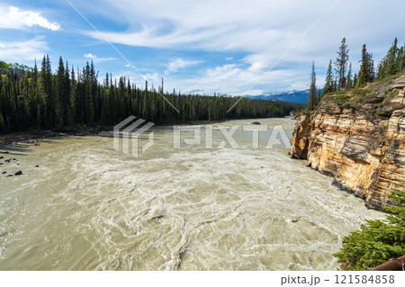 Athabasca river near Athabasca Falls. Jasper National Park, Alberta, Canada. Canadian Rockies summer landscape. 121584858