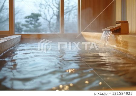 温もりがある木造の温泉の浴室 温もりがある木造の温泉の浴室 121584923