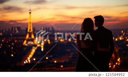 Silhouetted couple embracing while viewing main sightseeing illuminated at sunset in Paris. Silhouetted couple embracing while viewing main sightseeing illuminated at sunset in Paris. 121584952