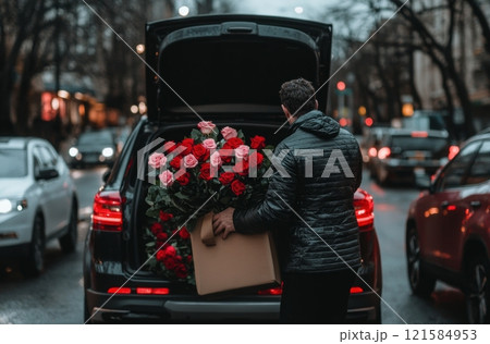 Man loading car trunk with large bouquet of pink and red roses on city street during dusk. Man loading car trunk with large bouquet of pink and red roses on city street during dusk. 121584953