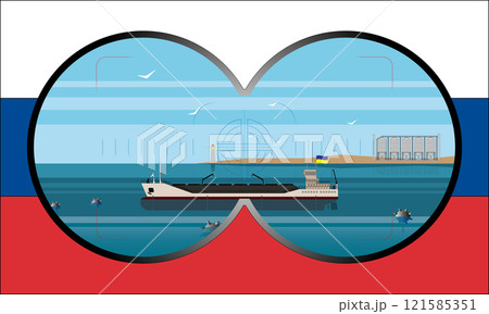 Illustration of a Ukrainian bulk carrier with grain blocked by mines in the Black Sea. View through binoculars on the background of the Russian flag. 121585351