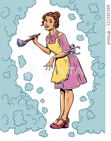 Housewife woman cleaning dust with a brush. Sale of cleaning products and services. Cleaning of public spaces. 121585389