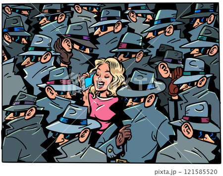Security of personal data and information. Government surveillance of its citizens. Scammers and detectives listen to a woman on the phone. Security of personal data and information. Government surveillance of its citizens. Scammers and detectives listen to a woman on the phone. 121585520