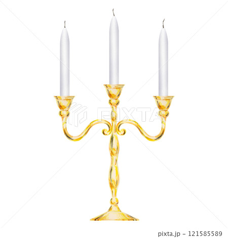 Watercolor isolated clipart of elegant gold candelabra with three white candles, candlestick with candles. Perfect for weddings, event decor, romantic dinners, Valentine's Day, Christmas Watercolor isolated clipart of elegant gold candelabra with three white candles, candlestick with candles. Perfect for weddings, event decor, romantic dinners, Valentine's Day, Christmas 121585589