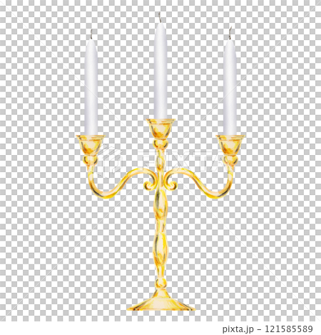 Watercolor isolated clipart of elegant gold candelabra with three white candles, candlestick with candles. Perfect for weddings, event decor, romantic dinners, Valentine's Day, Christmas 121585589