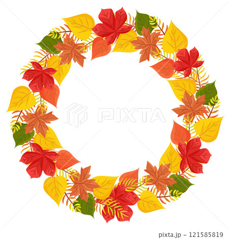 wreath from colorful autumn leaves. Vector illustration. Thanksgiving greeting card template. Eps 10 121585819
