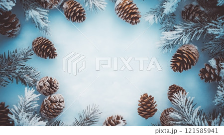 Winter beautiful background with pine branches and frame 121585941