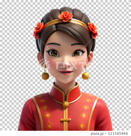 Beautiful Chinese woman wearing red festive traditional kimono 3d illustration isolated on the transparent background Beautiful Chinese woman wearing red festive traditional kimono 3d illustration isolated on the transparent background 121585948