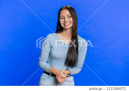 Happy woman girl smiling friendly, glad expression, feel satisfied concept good news, celebrate win Happy woman girl smiling friendly, glad expression, feel satisfied concept good news, celebrate win 121586072