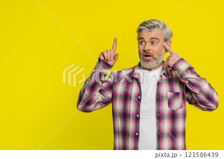 Inspired Caucasian man having good idea, plan startup, showing inspiration motivation Eureka gesture 121586439