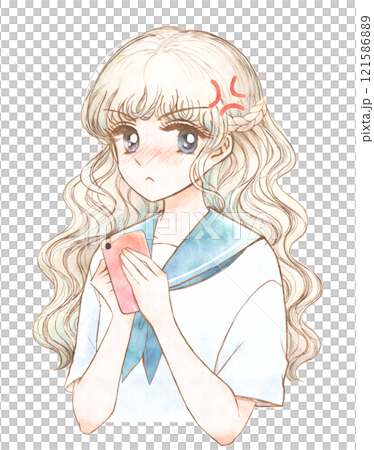 Retro illustration of a blonde beautiful girl with a smartphone getting angry 121586889