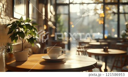 朝の陽射しが差し込むカフェの一杯のコーヒー 121586953