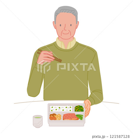 お弁当を食べる笑顔の笑顔のシニア男性（ひとり暮らし） 121587128