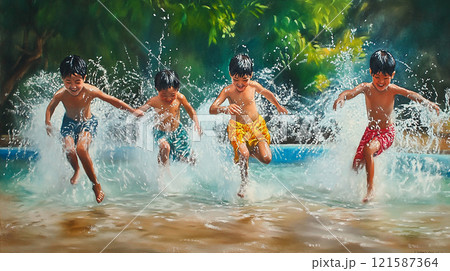 水遊びを楽しむ子どもたち 121587364