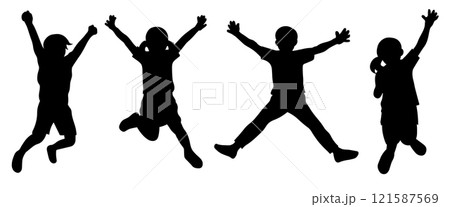 ジャンプする子どもたちのシルエットイラストセット 121587569