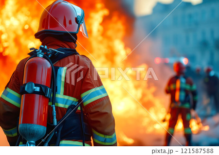 Firefighters work diligently to extinguish massive fire in city setting as sun sets behind towering flames. 121587588