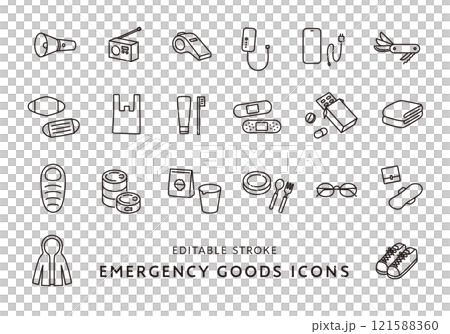 防災グッズにまつわるアイコンセット2（モノクロ） 121588360