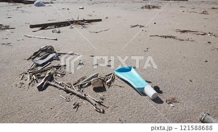 砂浜に漂着した流木とゴミ 砂浜に漂着した流木とゴミ 121588688